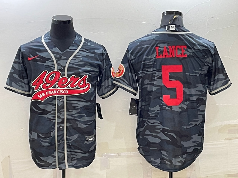 Men's Grey Red Camo San Francisco 49ers #5 Trey Lance With Patch Cool Base Stitched Baseball Jersey